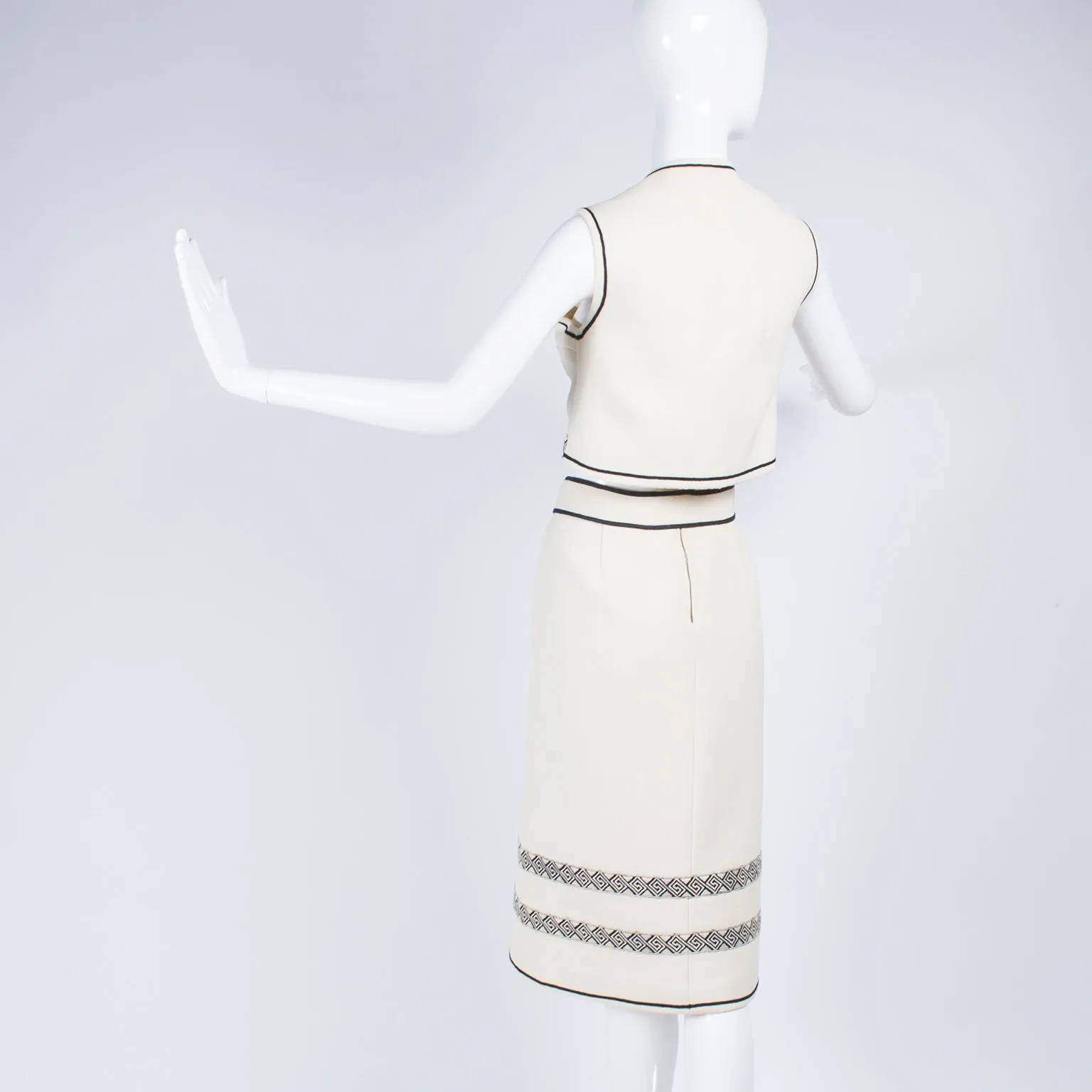 1970's Vintage Skirt & Vest in Ivory Wool Crepe W/ Black Trim & Tassel Belt