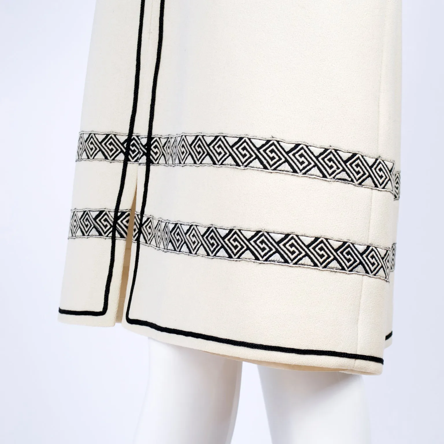 1970's Vintage Skirt & Vest in Ivory Wool Crepe W/ Black Trim & Tassel Belt