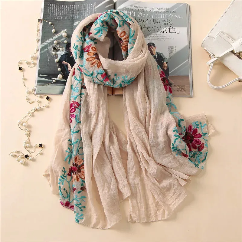 2023 Plain Embroider Floral Viscose Shawl Scarf From Indian Bandana Print Cotton Scarves and Wraps Soft Foulard Muslim Hijab.