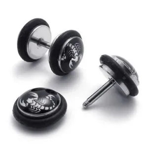 2pcs Stainless Steel Scorpion Stud Men Earrings, Color White Black, 1 Pair