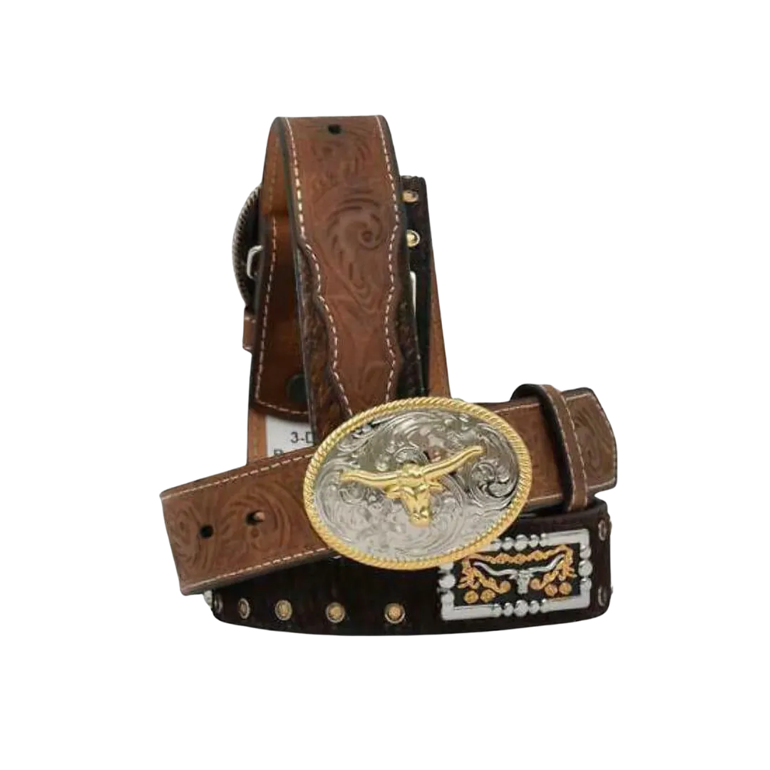 3D Belt Kid's Calf Hair Longhorn Concho Brown Belt