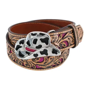 Angel Ranch Girl's Tooled Leather Western Belt with Cowgirl Hat Buckle