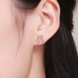 Authentic 925 Sterling Silver Cute Cat Small Stud Earrings for Women