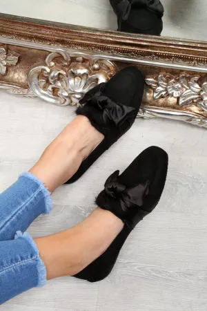 Black Faux Suede Bow Front Loafers - Geena