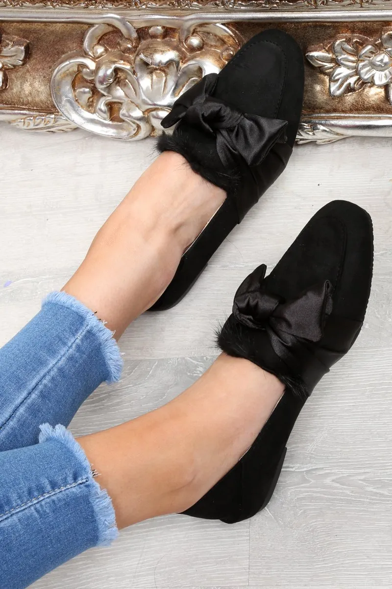 Black Faux Suede Bow Front Loafers - Geena