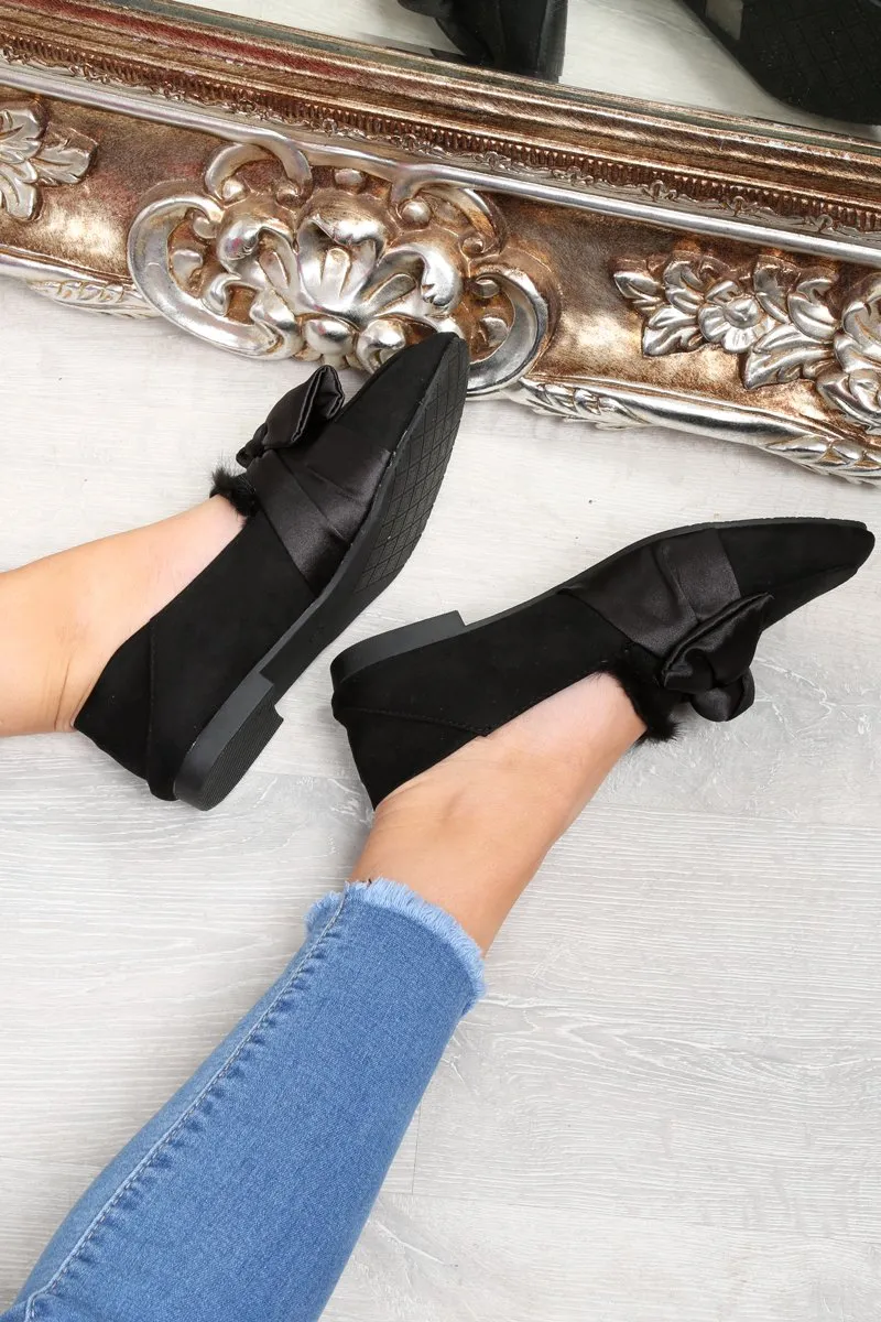 Black Faux Suede Bow Front Loafers - Geena