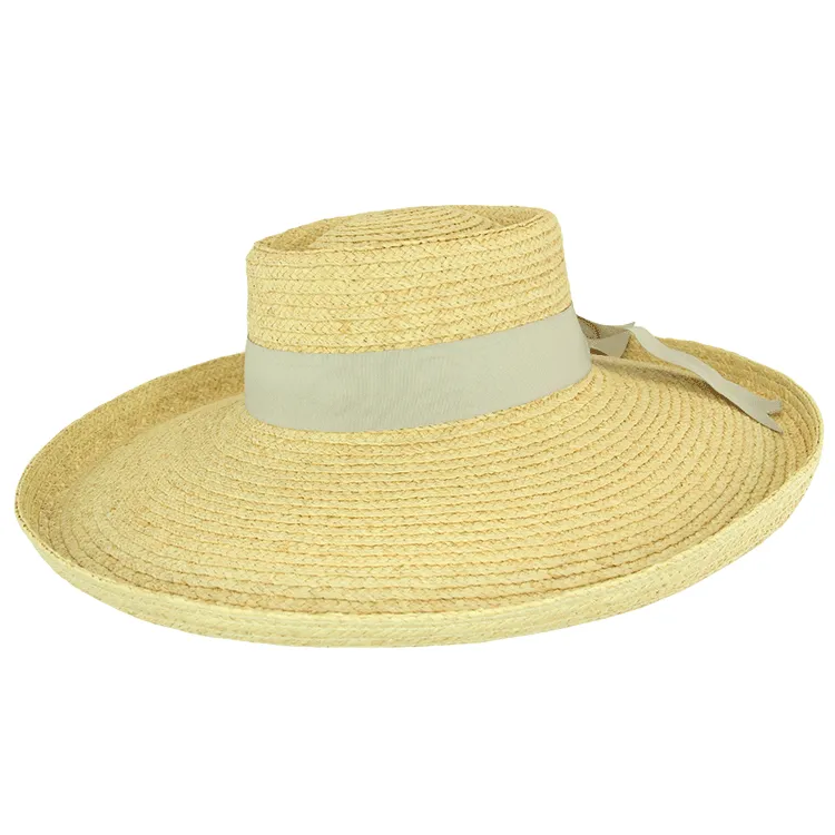 Cherry Red Ladies Wide Brim Raffia Plantation Hat - Natural/Grey