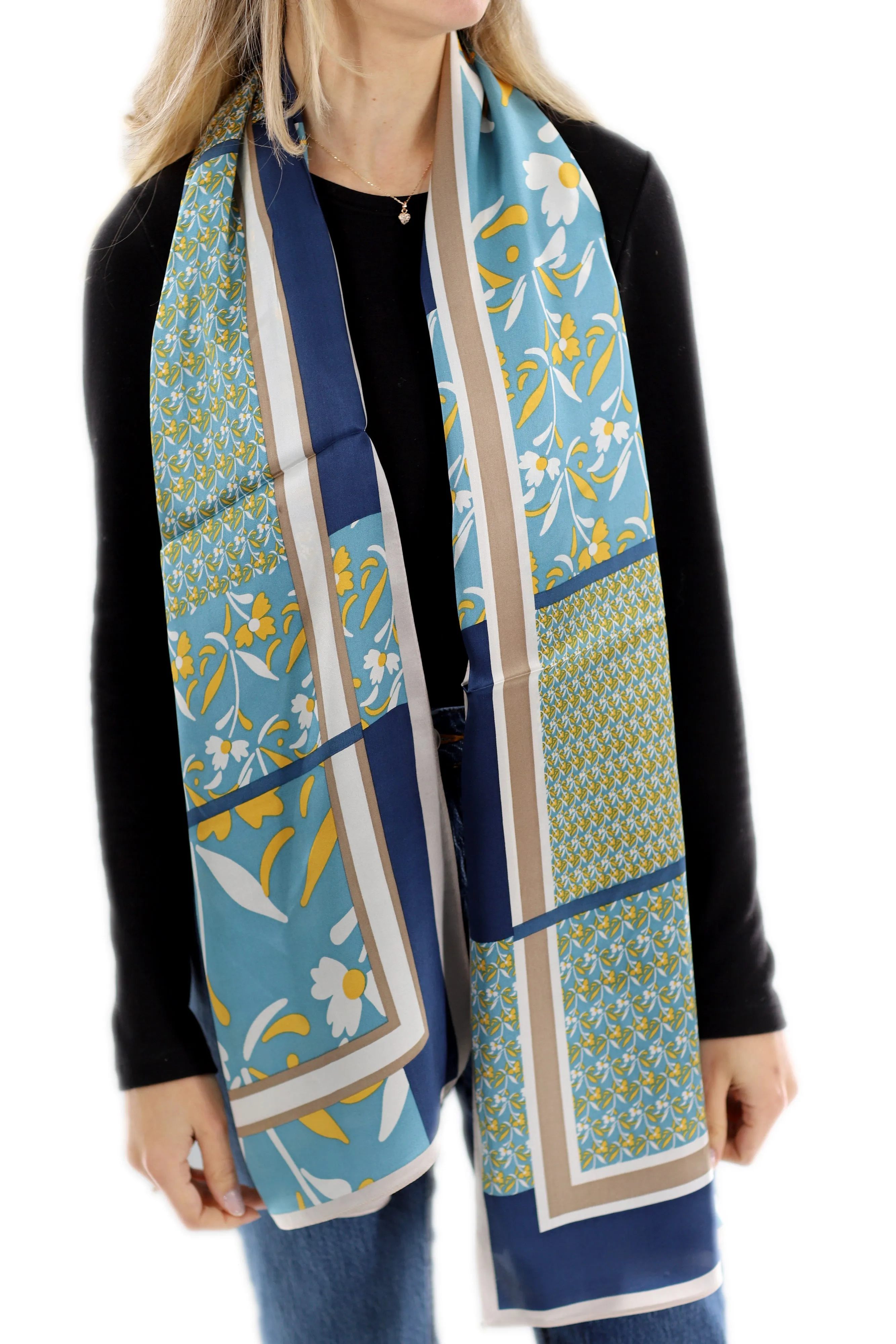 Elegant 100% Silk Floral Print Scarf - Blue - One Size (38x30in)