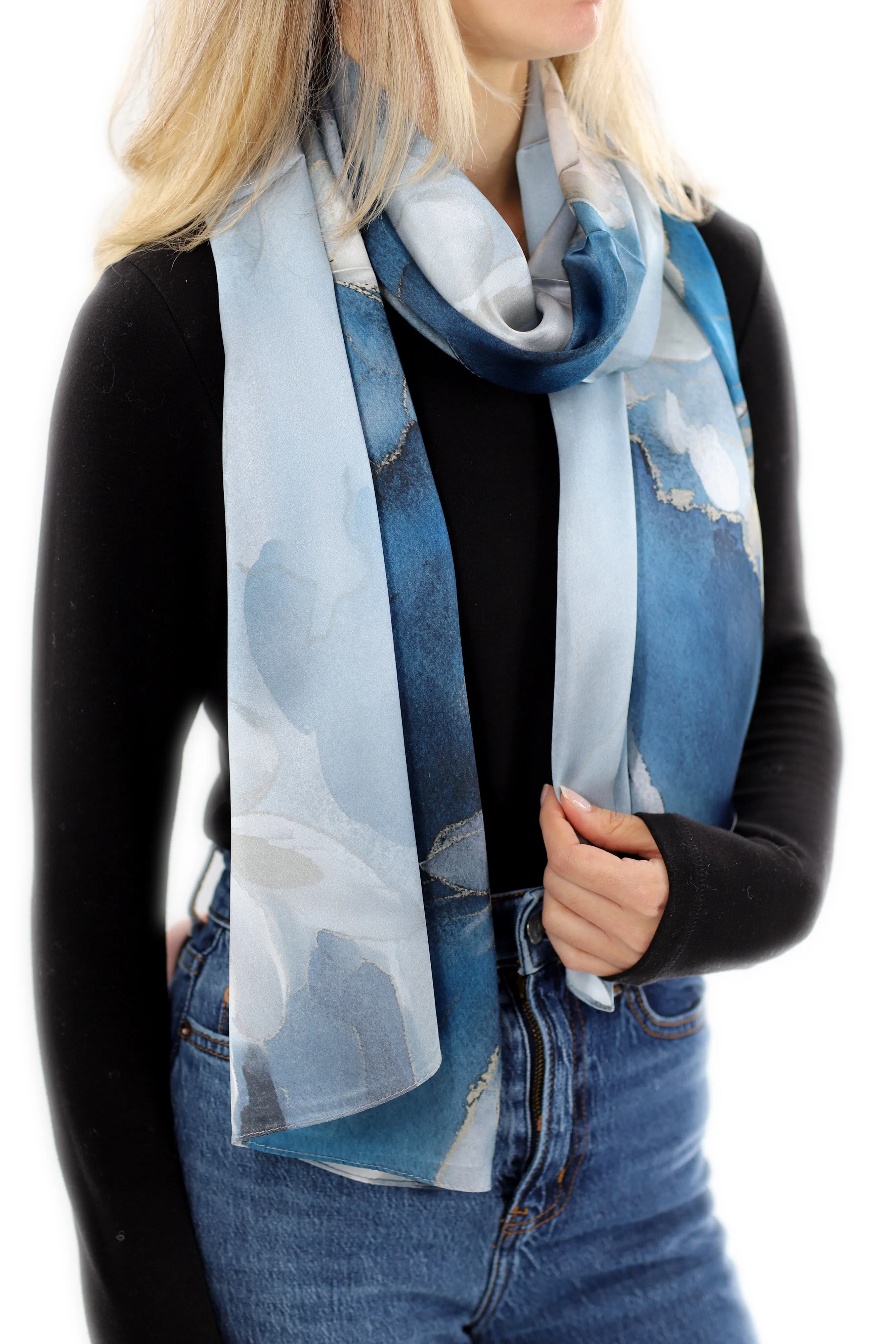 Elegant 100% Silk Floral Print Scarf - Peacock Blue - One Size (38x30in)