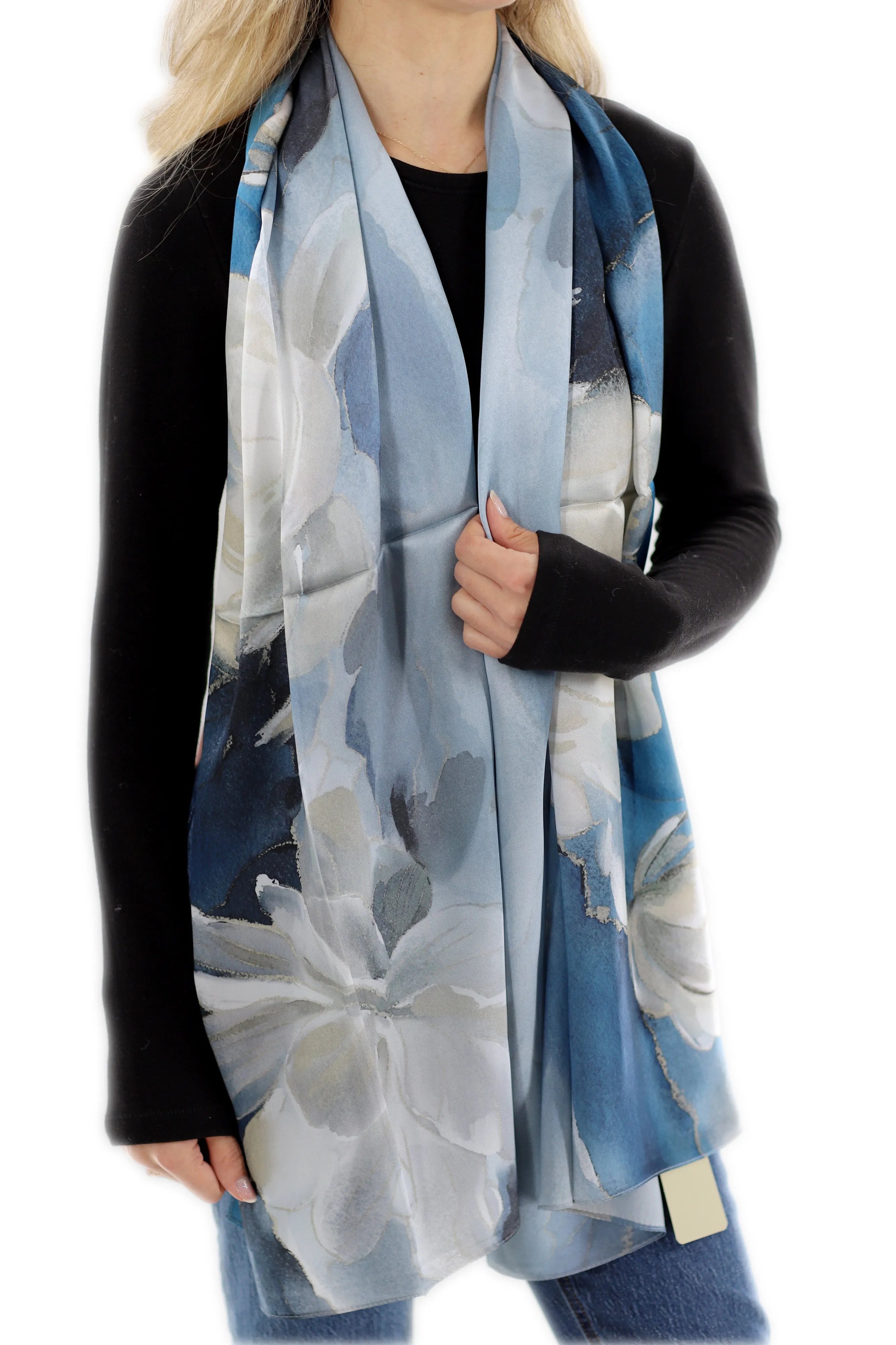 Elegant 100% Silk Floral Print Scarf - Peacock Blue - One Size (38x30in)