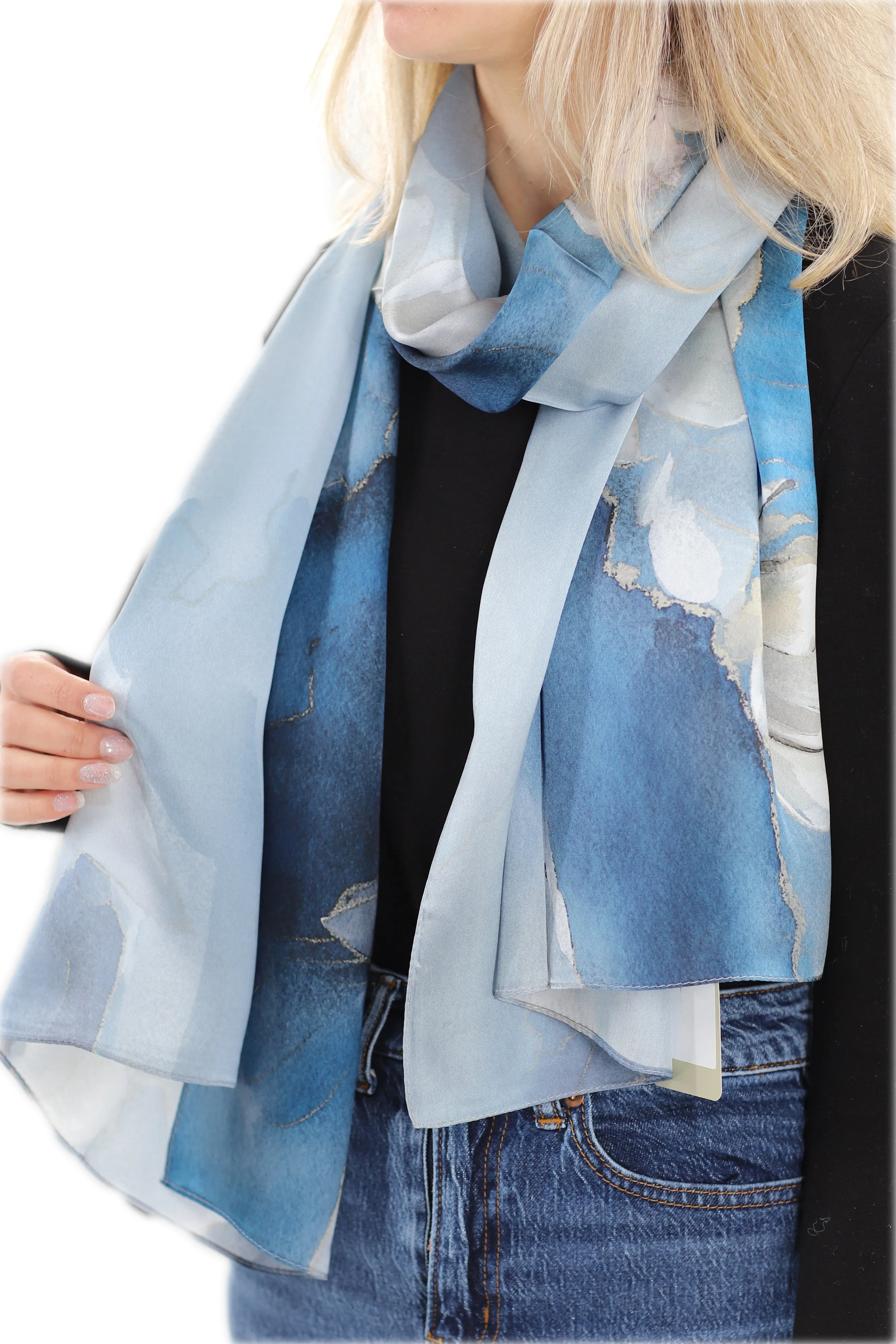 Elegant 100% Silk Floral Print Scarf - Peacock Blue - One Size (38x30in)