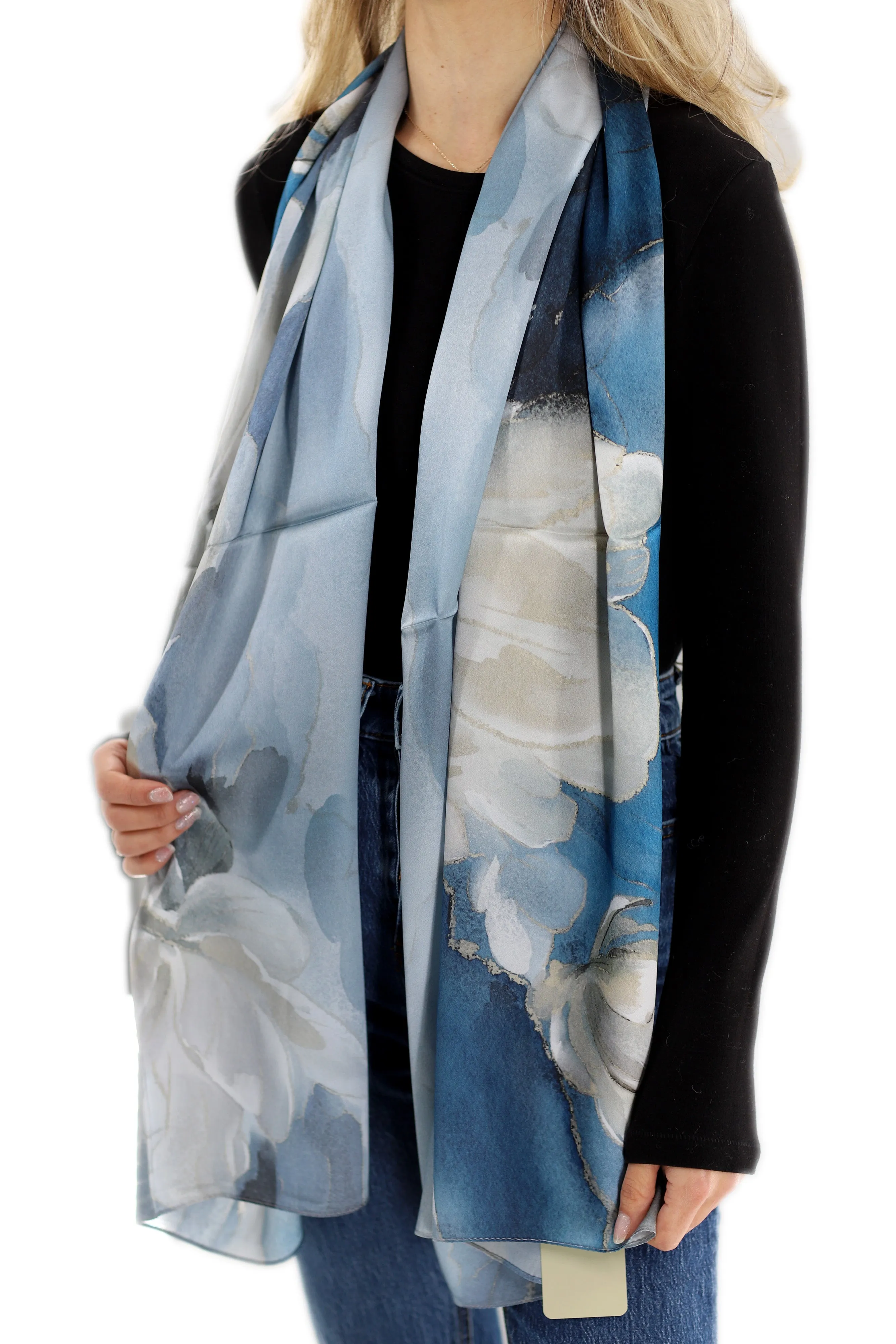 Elegant 100% Silk Floral Print Scarf - Peacock Blue - One Size (38x30in)