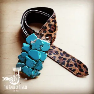 Hair on Hide Leopard Leather Belt w/ Turquoise Slab Belt Buckle