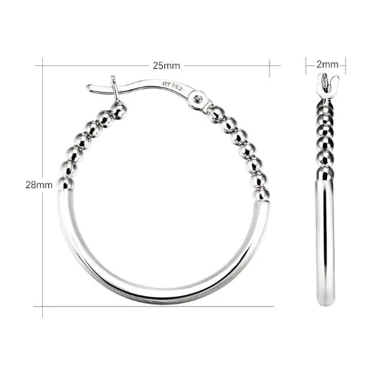 Half Beaded Round Hoop Earrings in 925 in Sterling Silver