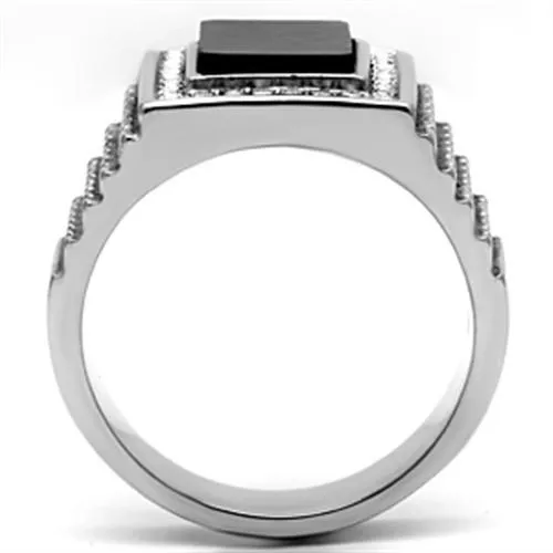 High polished (no plating) Stainless Steel Ring with Synthetic Synthetic Stone in Jet for Women Style TK592