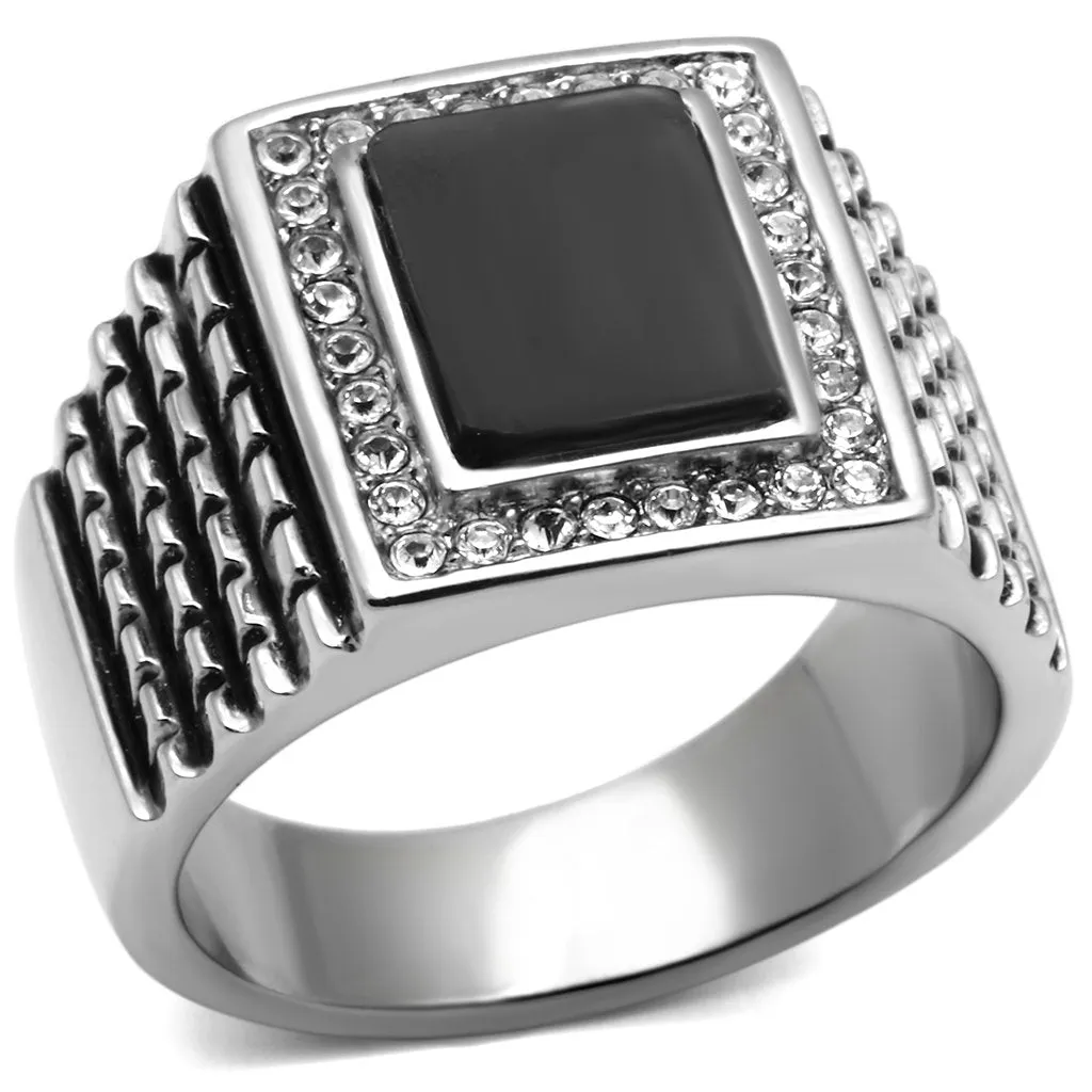 High polished (no plating) Stainless Steel Ring with Synthetic Synthetic Stone in Jet for Women Style TK592