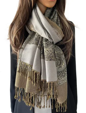 LARGE PLAIN SILVER REVERSIBLE MULTI COLOUR PAISLEY PRINT PASHMINA SHAWL SCARF WRAP