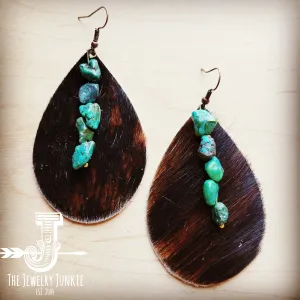 **Leather Teardrop Dark Hair-on-Hide Earring w/ Turquoise 207n