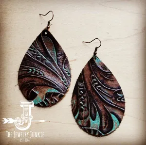 Leather Teardrop Earrings in Turquoise Brown Floral 203d