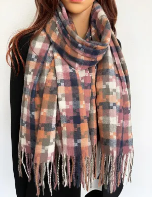 LONG PINK MULTICOLOUR WOOL MIX CHECKED TARTAN SCARF