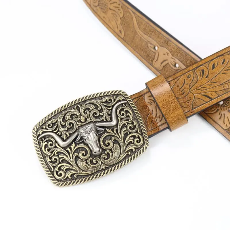 Men's Bronze Bull Pattern Floral Engraved Leather Belt