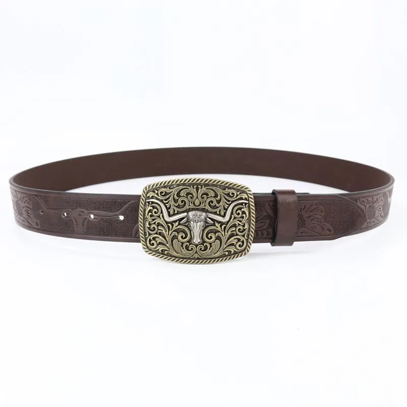 Men's Bronze Bull Pattern Floral Engraved Leather Belt