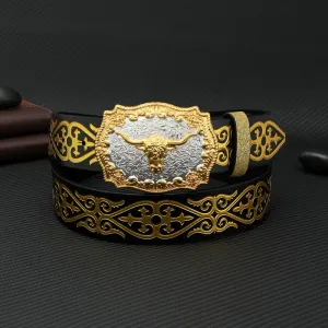 Men's Bull Bronzing Floral Embossed Print Leather Belt