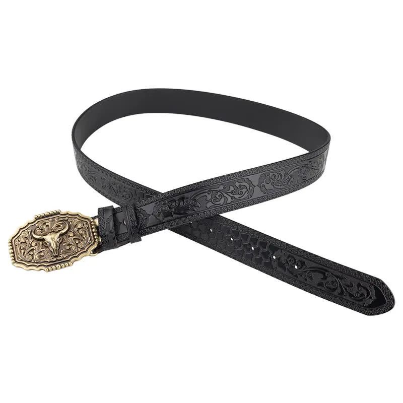 Men's Classic Floral Bull Skull Leather Belt