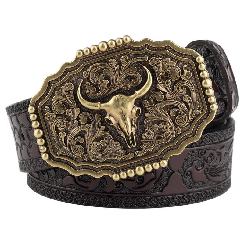 Men's Classic Floral Bull Skull Leather Belt