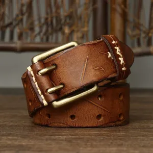 Men's Distressed Double Needle Buckle Leather Belt