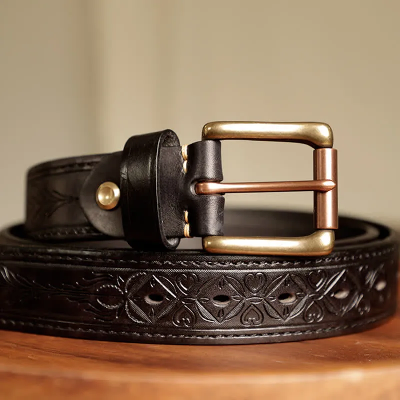 Men's Embossed Flower Leaves Engraved Leather Belt