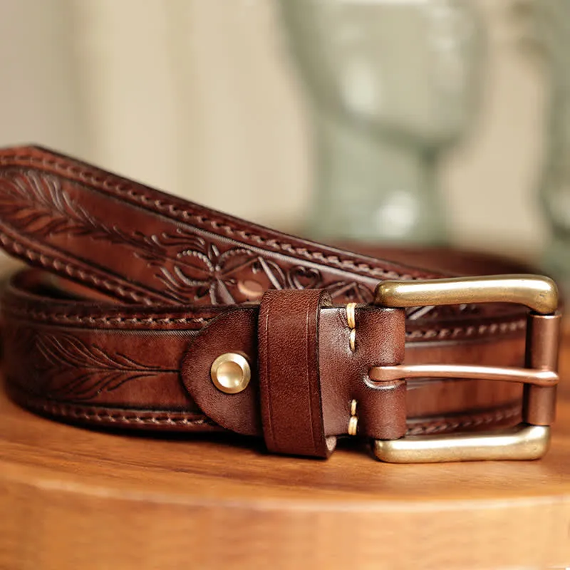 Men's Embossed Flower Leaves Engraved Leather Belt