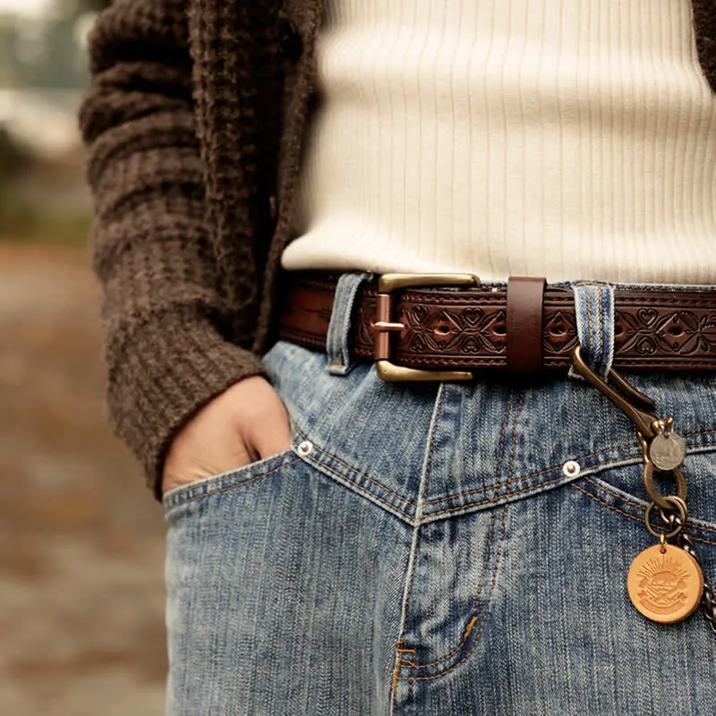 Men's Embossed Flower Leaves Engraved Leather Belt