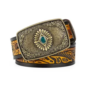 Men's Floral Engraving Pattern Automatic Buckle Leather Belt