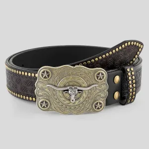 Men's Longhorn Bull Head Studded Decor Leather Belt