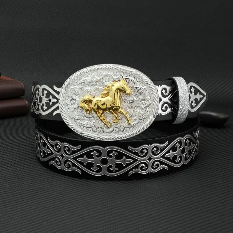 Men's Round Running Horse Silver Embossed Leather Belt