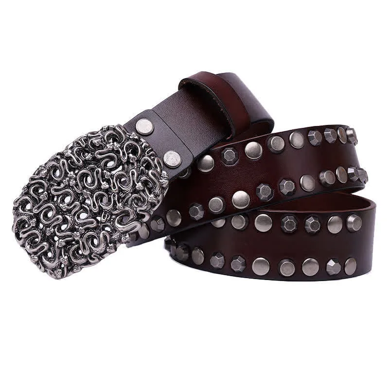 Men's Snake Smooth Buckle Rivet Leather Belt