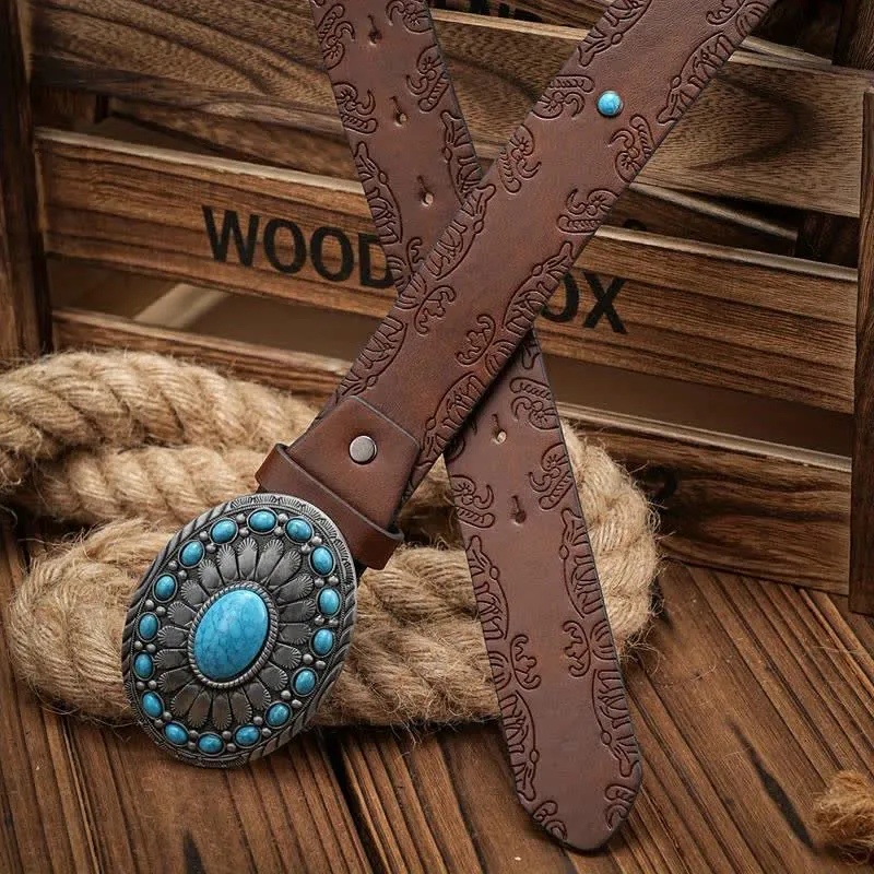 Men's Western Oval Turquoise Buckle Leather Belt