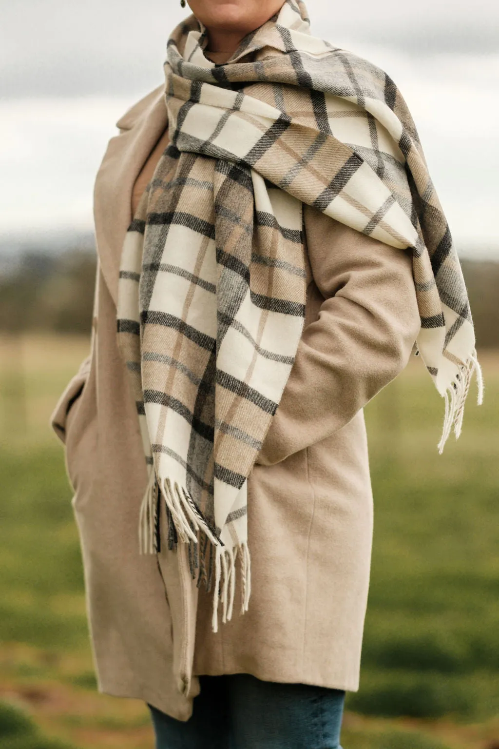 Merino Wool Oversize Tartan Scarf | Winchester Natural