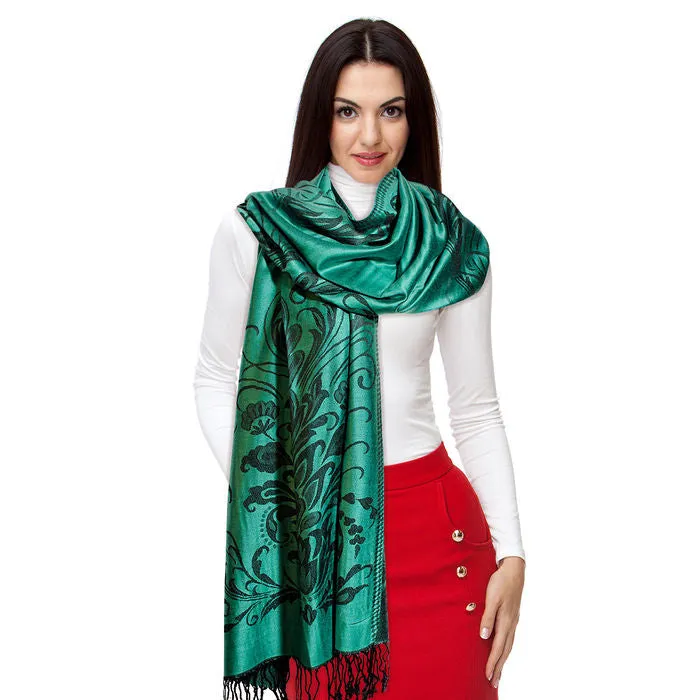 Pashmina Blue Flower Fringe Scarf for Women