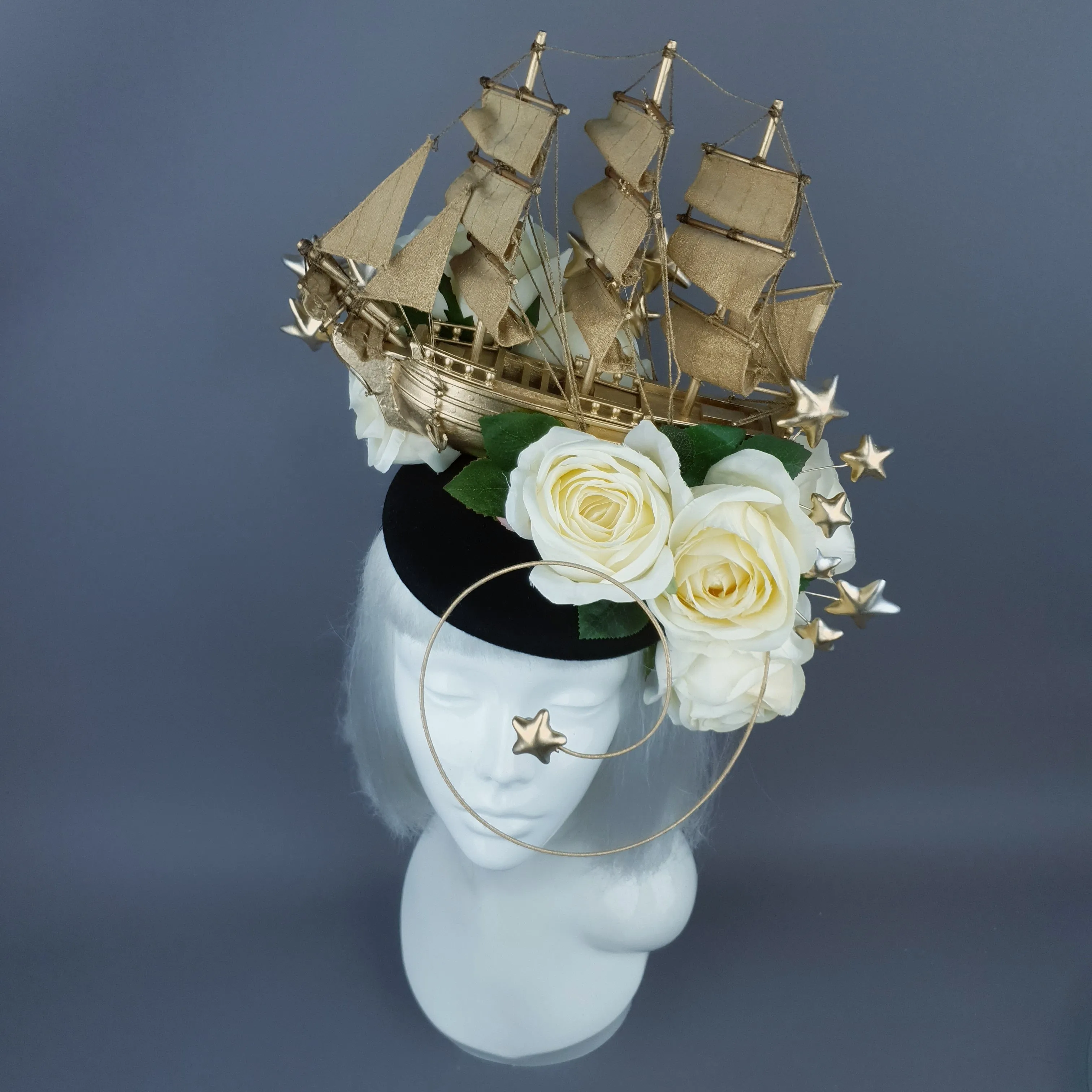 "Grace O'Malley" Gold Ship, Stars & Ivory Roses Headdress