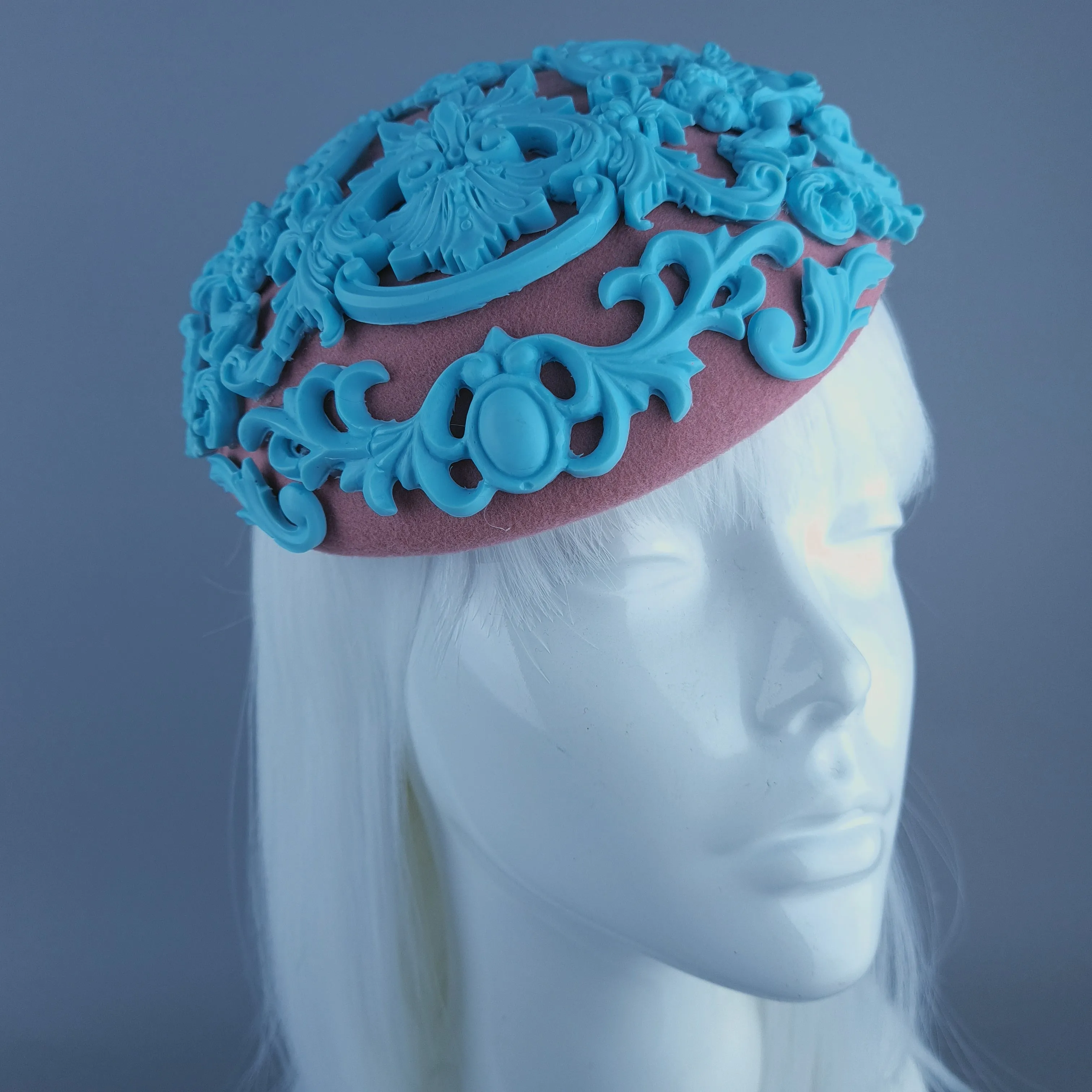 "Ozul" Pastel Blue & Oink Filigree Fascinator Hat