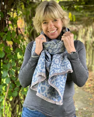 Reversible Leopard Print Scarf - Grey/Denim