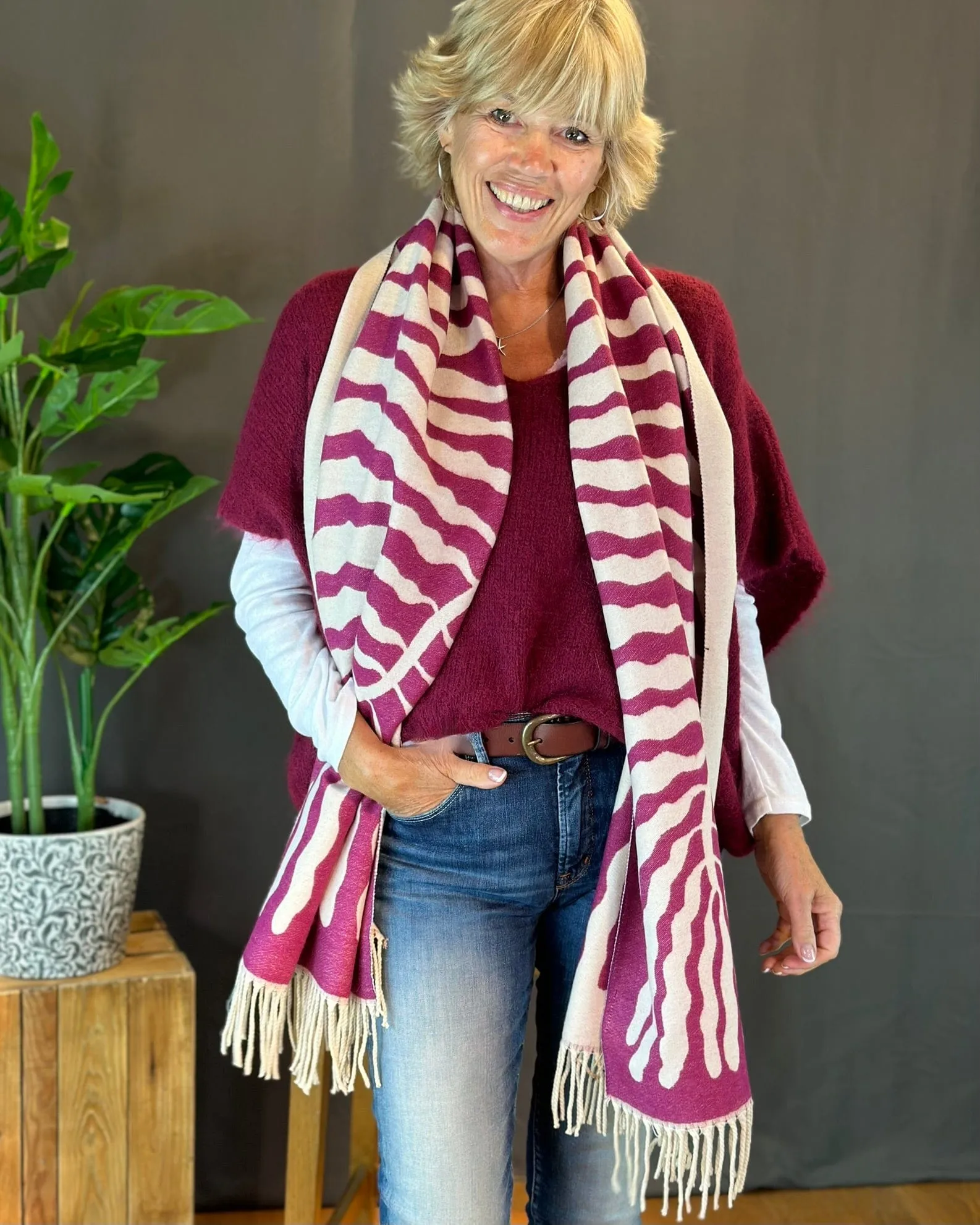 Reversible Printed Winter Scarf - Cream/Raspberry