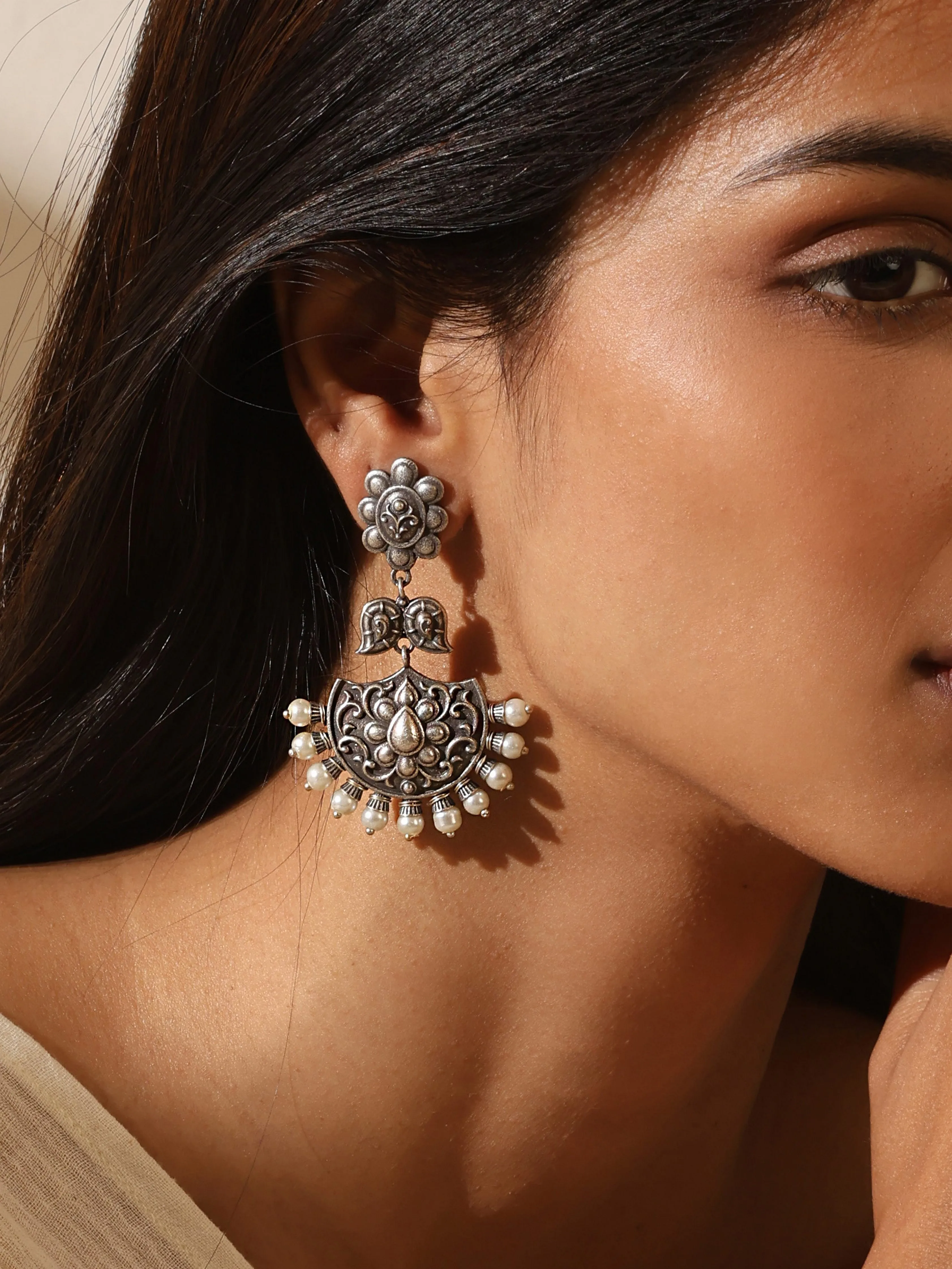 Silver-Plated Contemporary Chandbalis Earrings