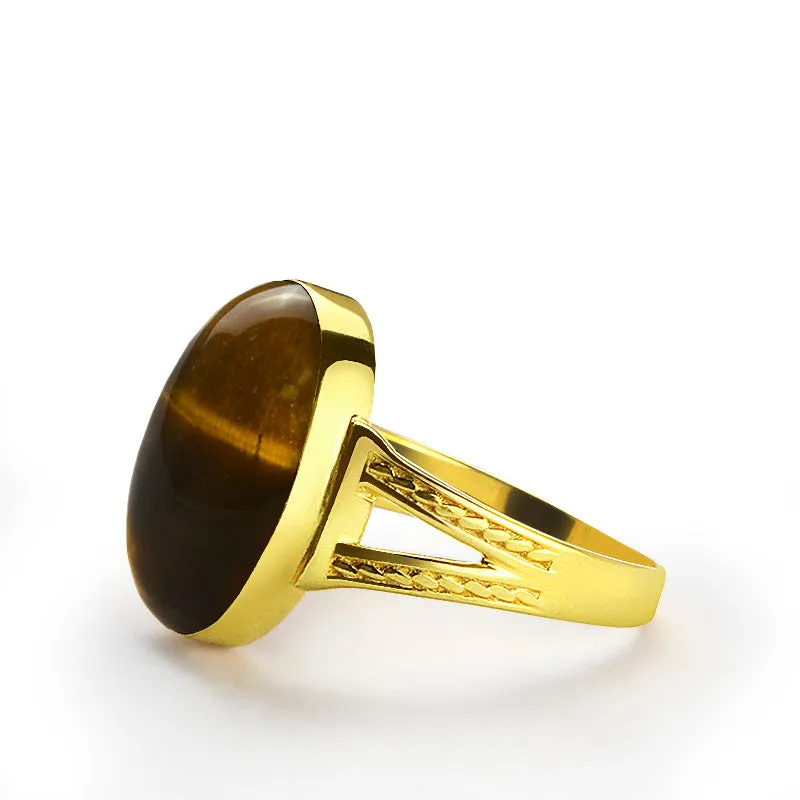 Tiger's Eye Men's Ring 10k Yellow Gold with Natural Brown Stone