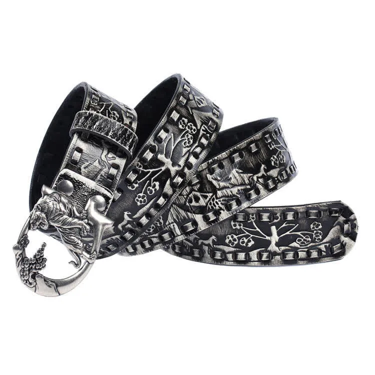 Unisex Retro Tigers Engraved Buckle Leather Belt