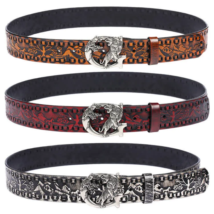 Unisex Retro Tigers Engraved Buckle Leather Belt