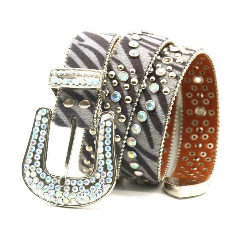 Unisex Unique Rhinestones Zebra Print Leather Belt