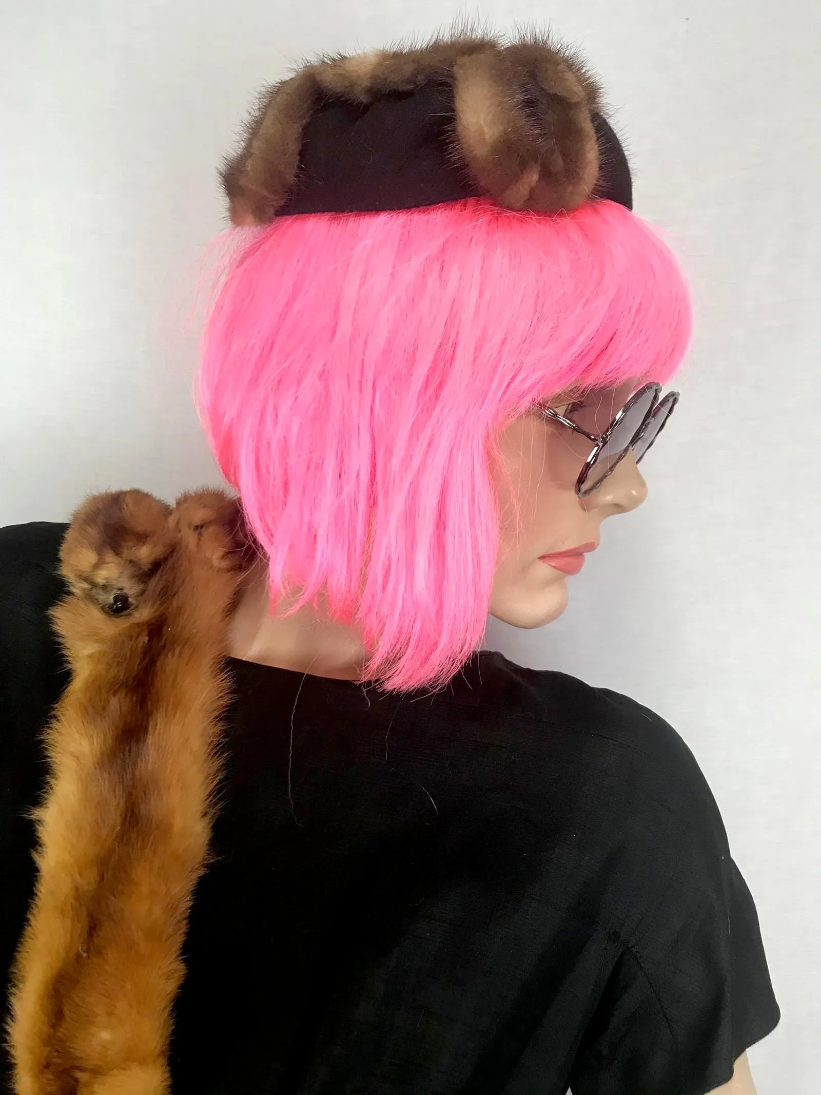 Vintage 50s | Black Felt Wool Fur Trim Fascinator Pin Up Party Pillbox Hat